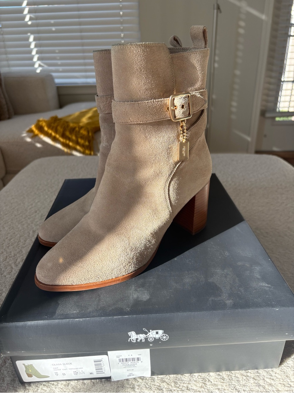 Coach Olivia Suede Ankle Booties with Gold Charm
